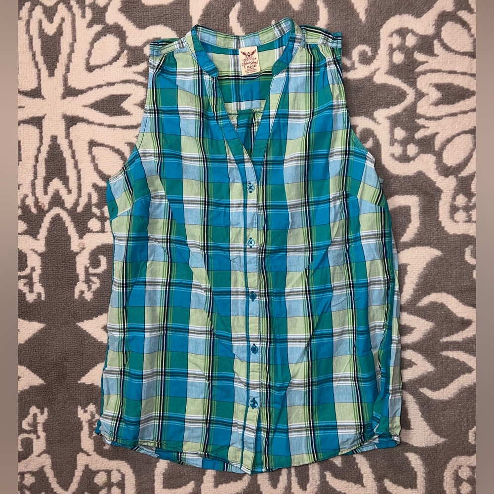 Size Large 12/14 Faded Glory Blue and Green Women’s plaid sleeveless button top